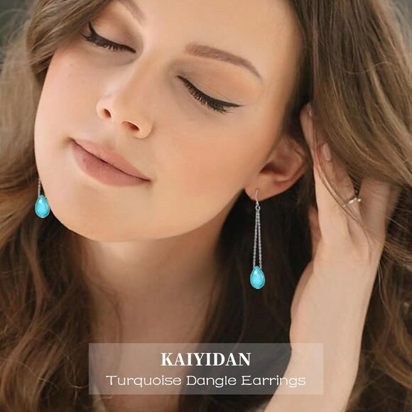 Long Teardrop Chain Turquoise Vintage Long Summer Earring for Women Jewelry - Picture 5 of 7